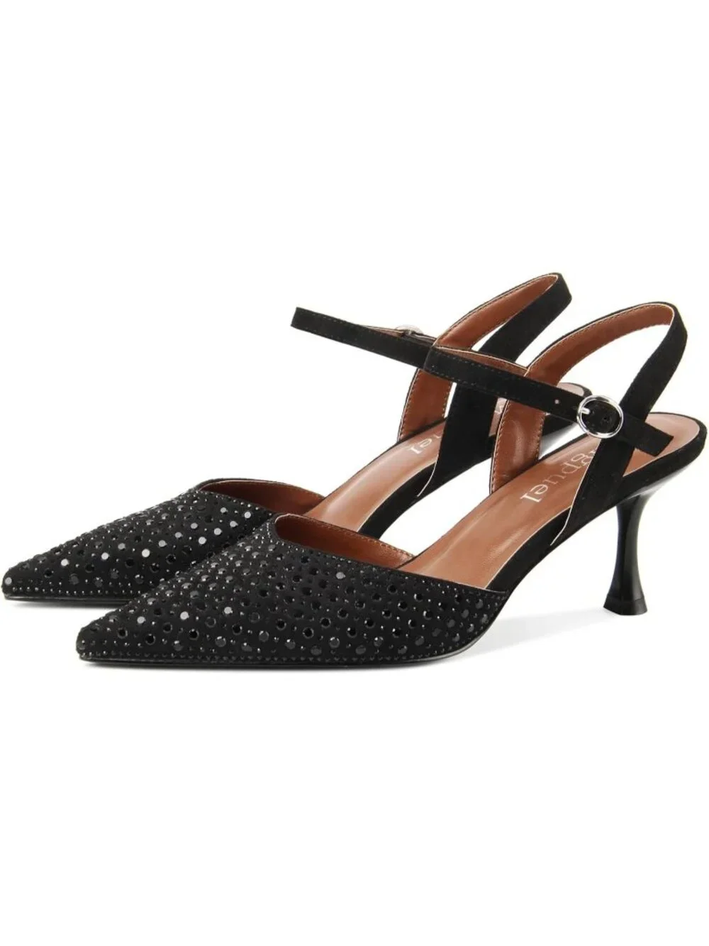 Women's Black Faux Suede Rhinestone Ankle Strap Closed Toe Kitten Heels Pumps